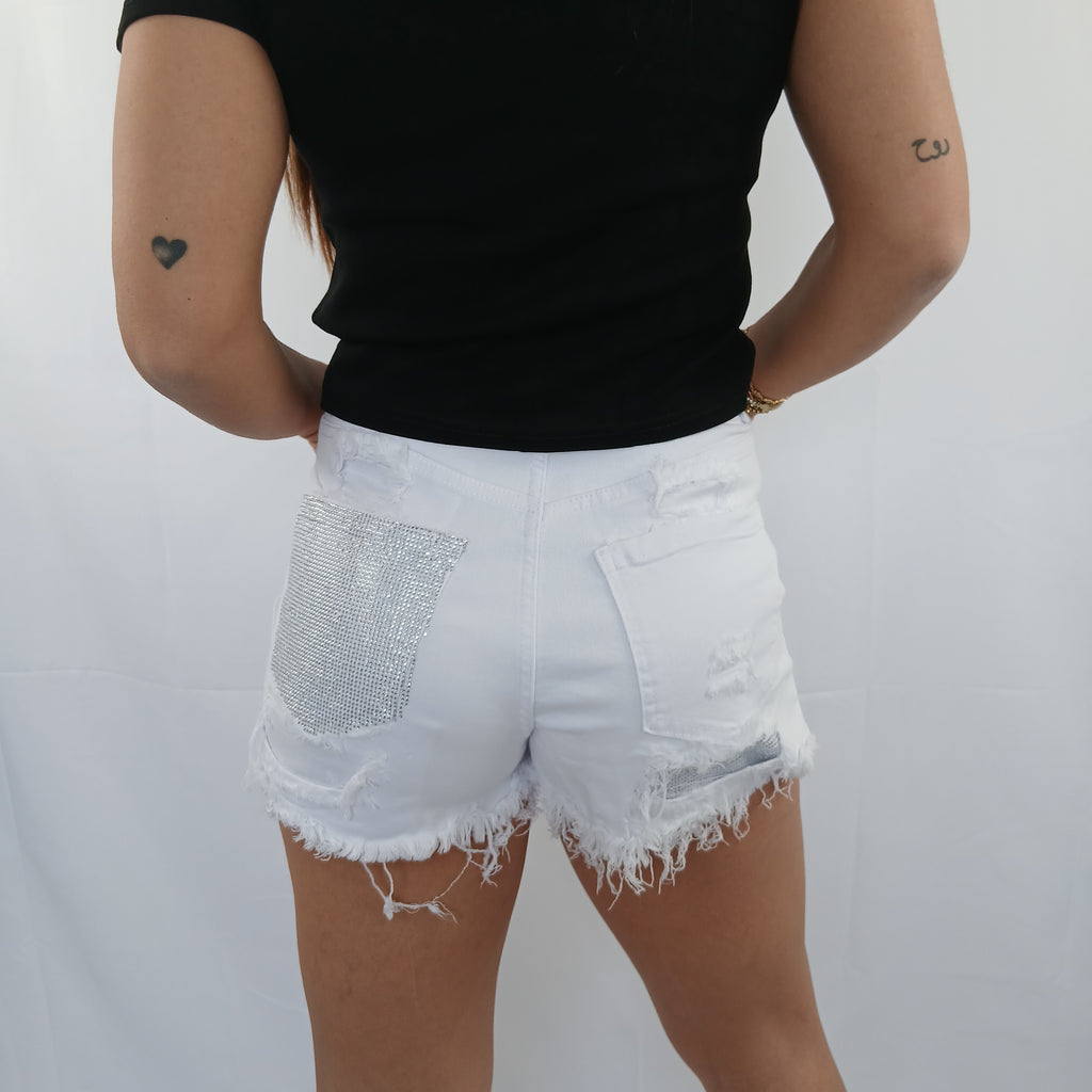 Pantaloncino jeans bianco con tasca brillantinato