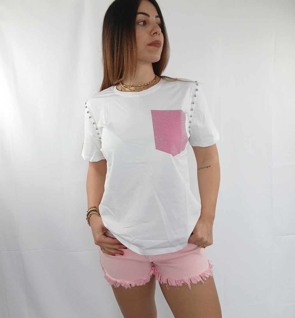 T-Shirt bianca con tasca rosa e brillantini