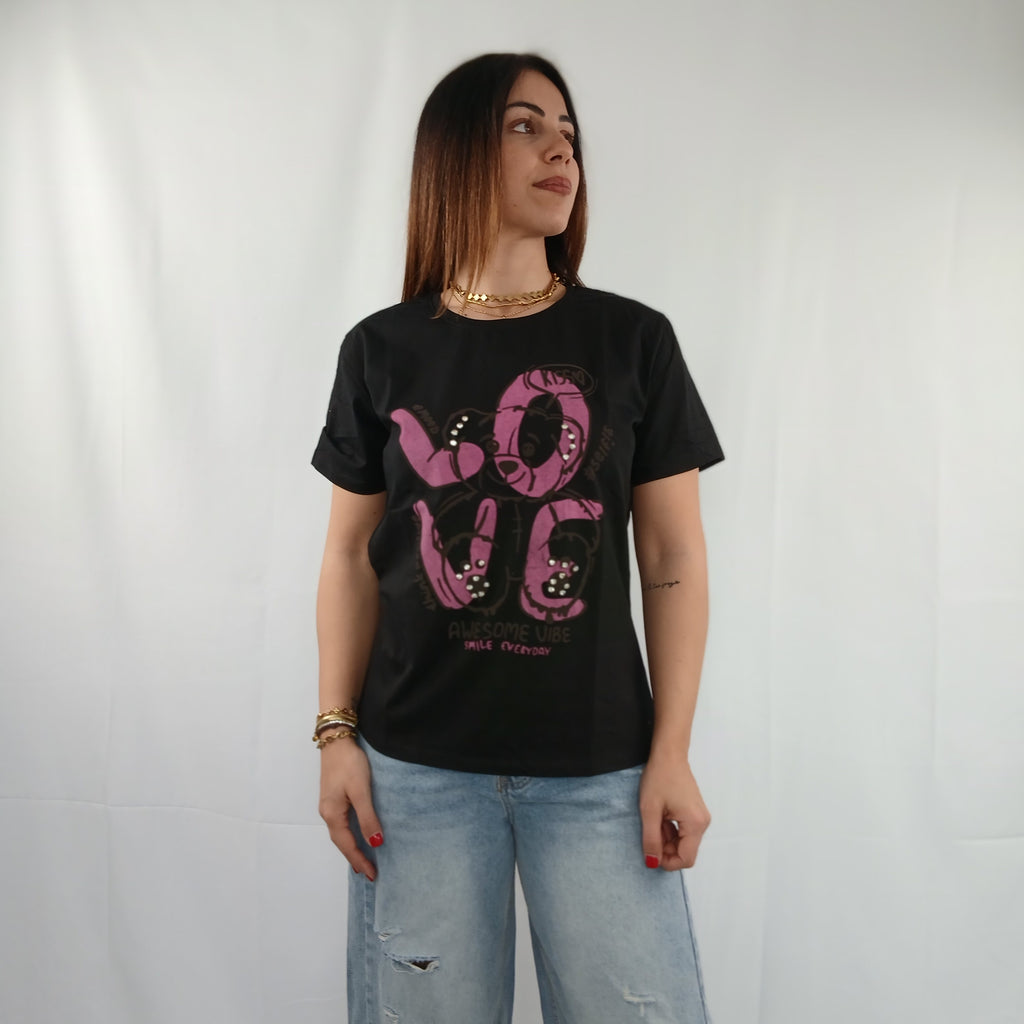 T-shirt love orsetto rosa e swarovski