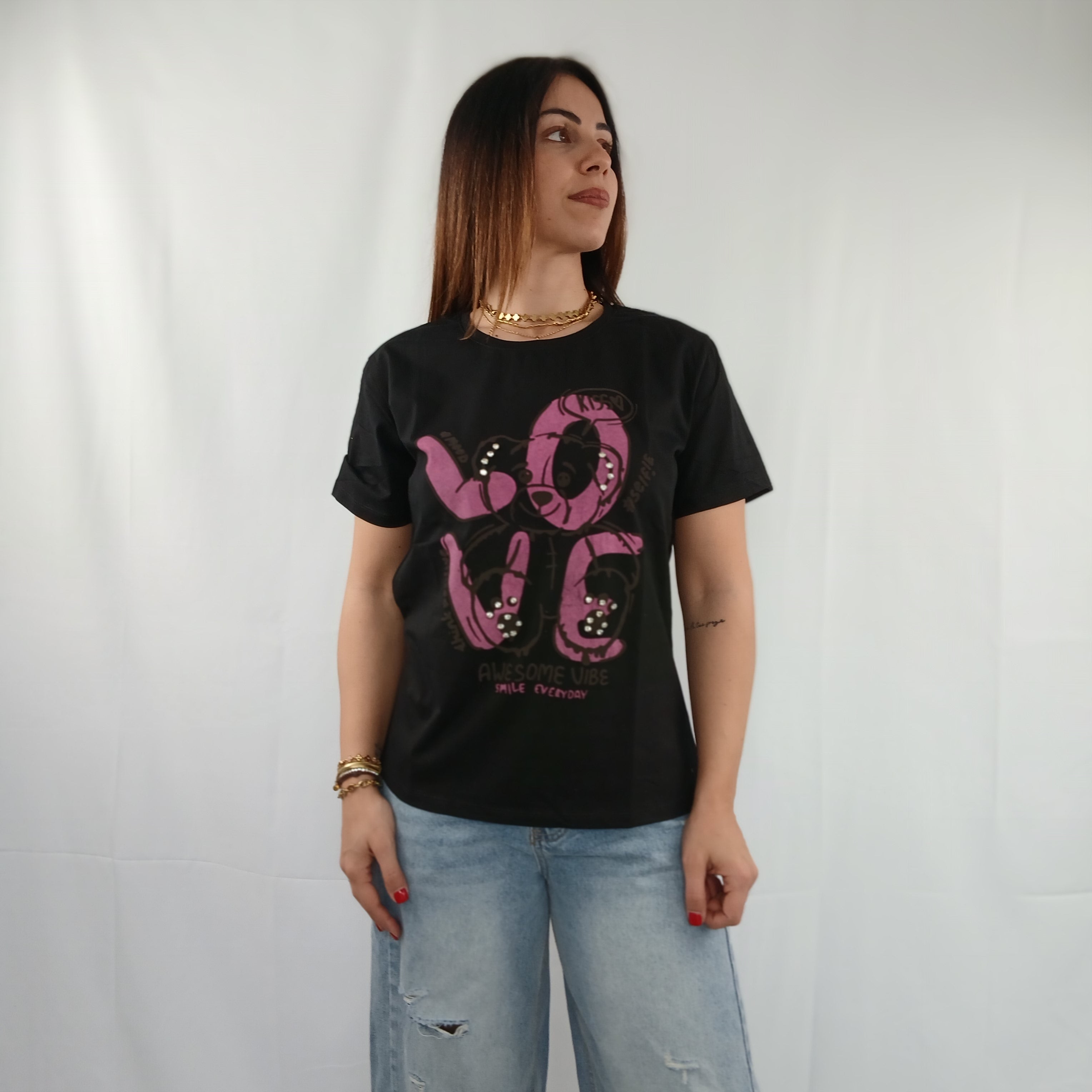 T-shirt love orsetto rosa e swarovski