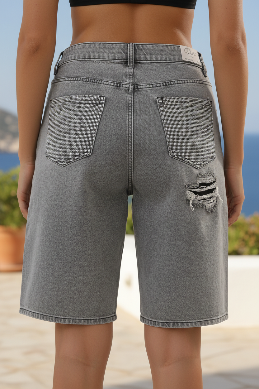 Bermuda denim – entrambe le tasche con strass