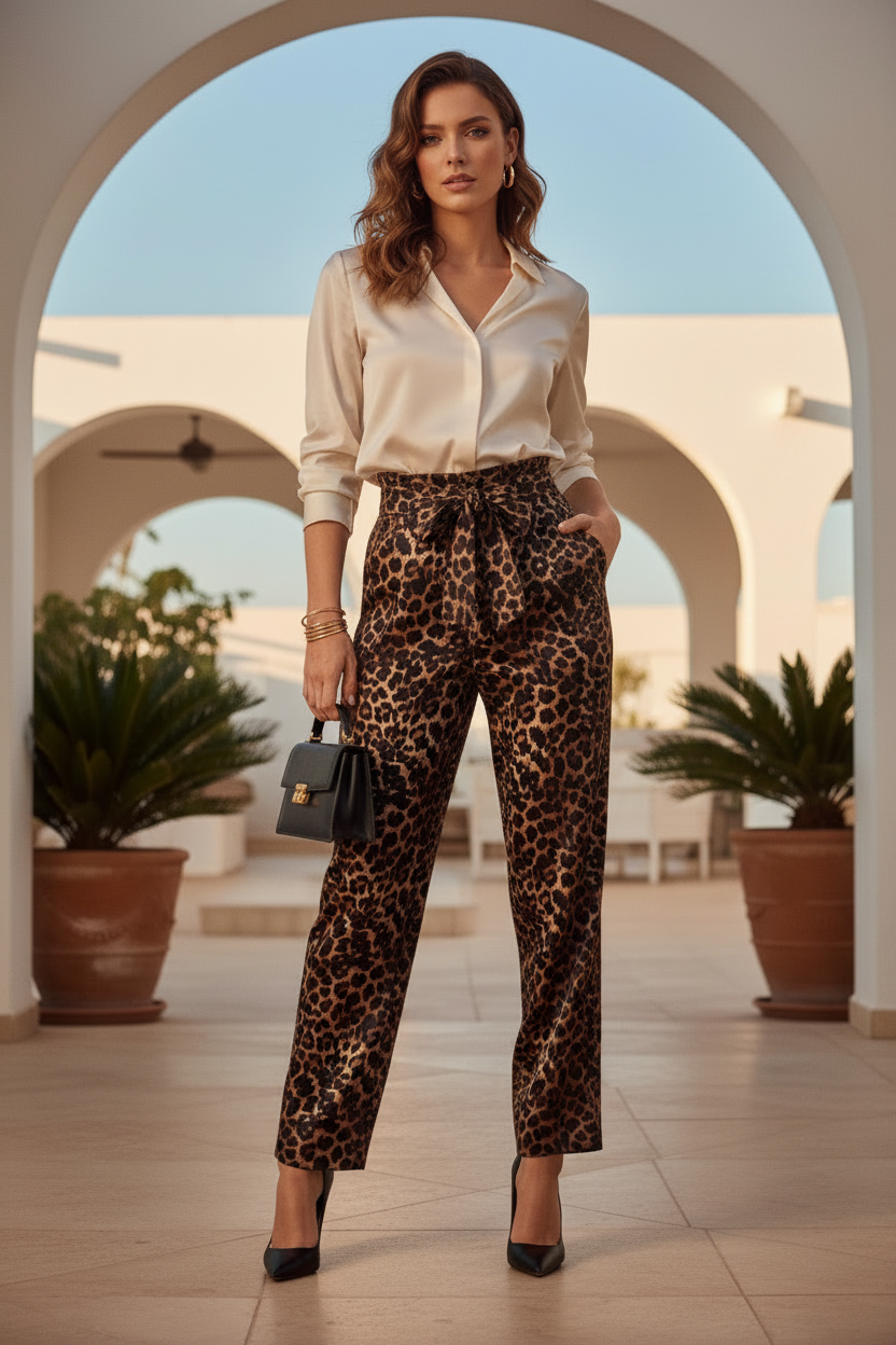 Pantalone palazzo animalier - foto professionale con modella