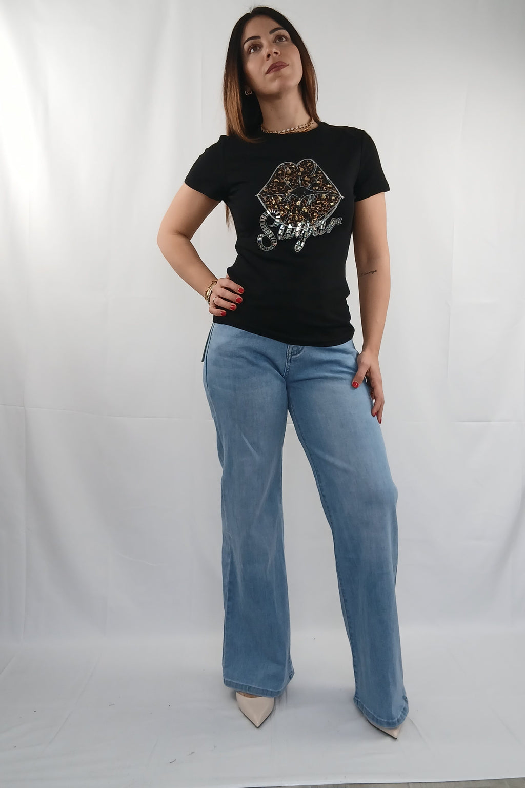 Pantalone palazzo jeans con tasche stella rosa e swarovskii
