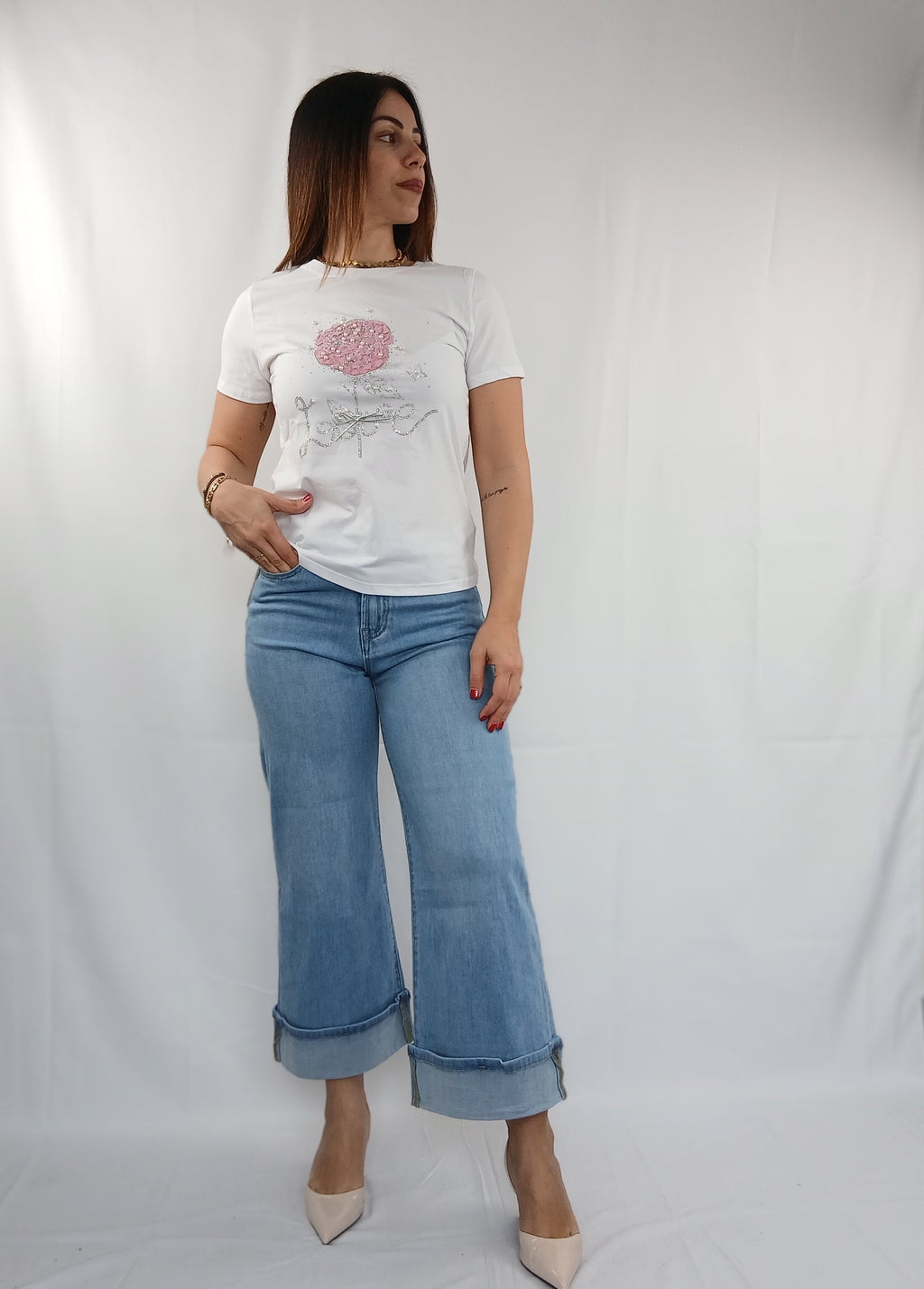 Pantalone palazzo con piega tasca rosa e brillantini
